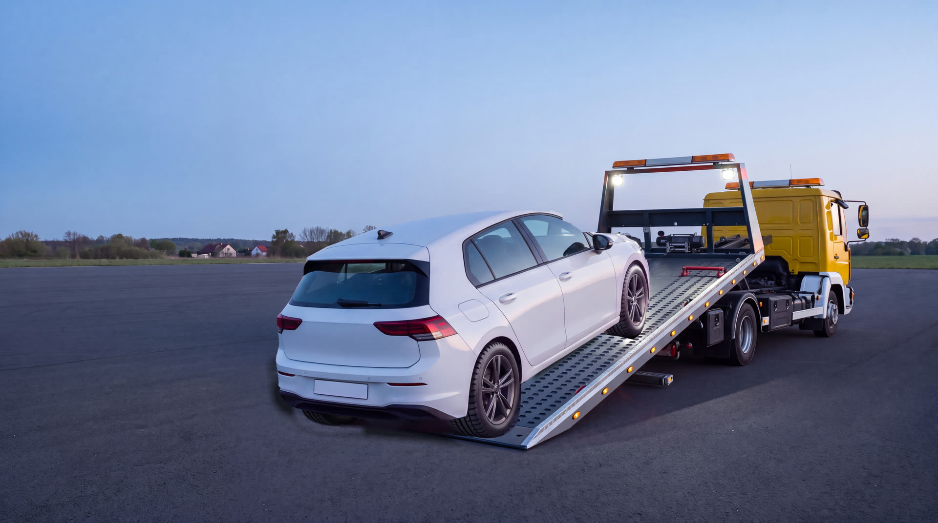 Ein gelber Abschleppwagen mit abgesenktem Plateau in der Dämmerung. Ein weißes Auto wartet am Fuß der Rampe.
